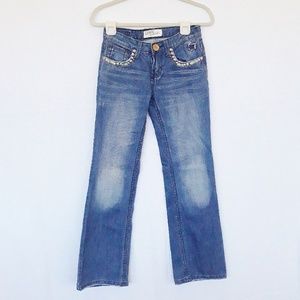 Low Rise Embroidered Boot Cut Jeans Studded and Distressed